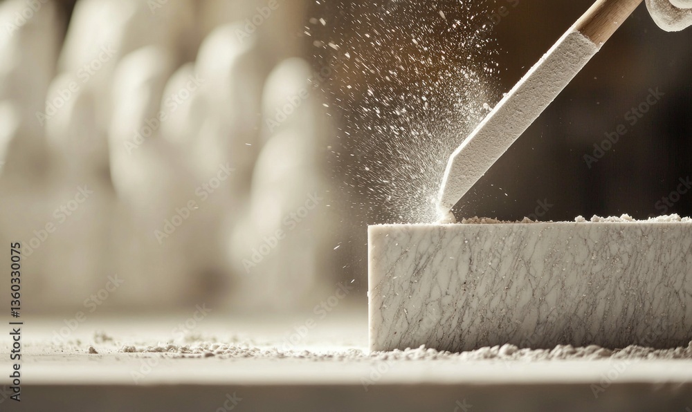 Aufkleber an artisan meticulously shapes a marble block with a chisel, creating a flurry of dust and fine deta