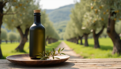 Obraz premium Olive oil bottle mockup on wooden table in olive grove