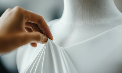 A close-up reveals a hand delicately adjusting white fabric on a dress form, showcasing design.