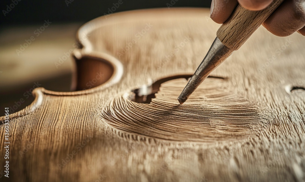 Poster a skilled luthier meticulously carves the delicate details of a violin using a fine chisel in his wo