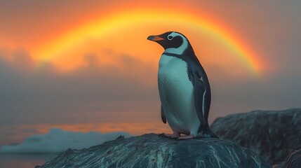 Fototapeta premium Contemplative Penguin at Twilight: An Elegant Stance on Weathered Rock Under a Broad Spectrum Rainbow, Blending Tranquility with Nature's Artistry