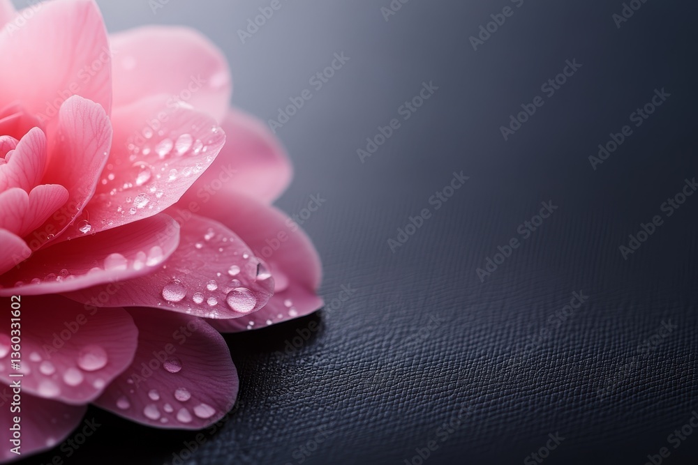Aufkleber this side-angle macro shot showcases a delicate pink camellia flower with shimmering dewdrops, place