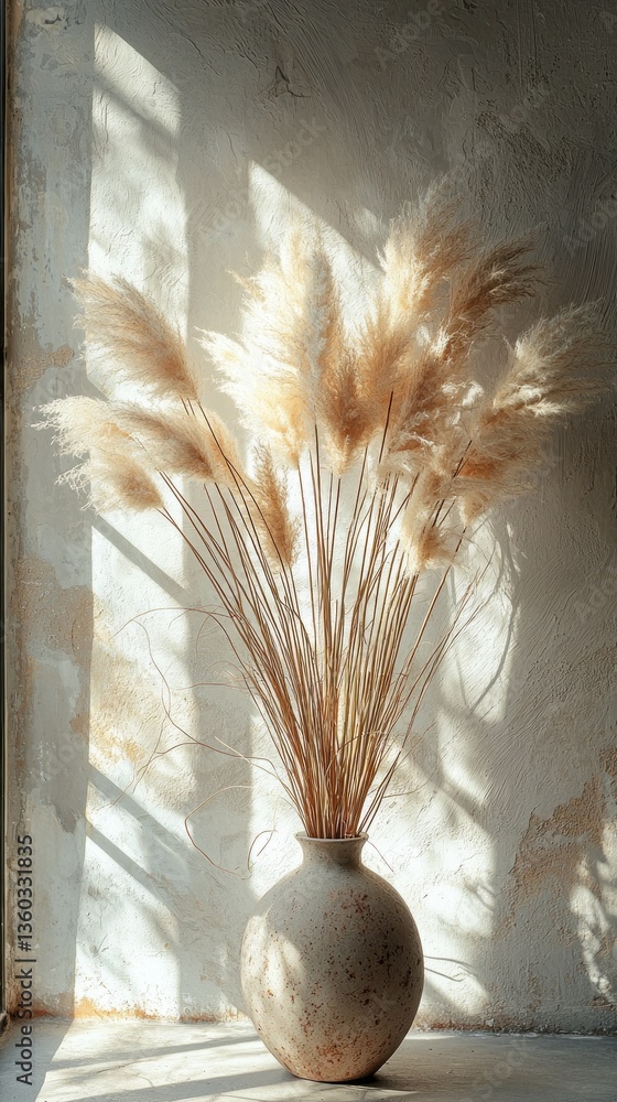 Poster gentle rays of light filter through a window, casting delicate shadows on a rustic wall. a vase hold