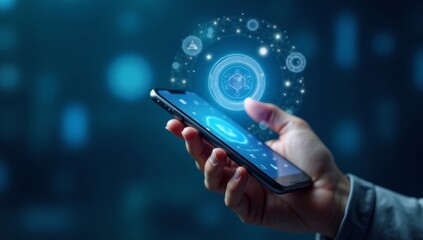 Hand holding smartphone with media icons and symbol