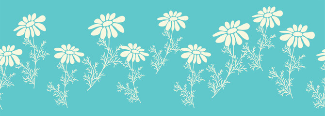 Decorative seamless vintage pattern in classic style with flowers and branches. Silhouettes of flowers, Two-color horizontal ornament in pastel colors, border