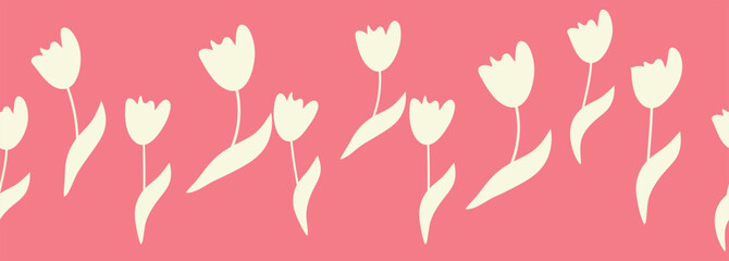 Decorative seamless vintage pattern in classic style with flowers and branches. Silhouettes of flowers, Two-color horizontal ornament in pastel colors, border