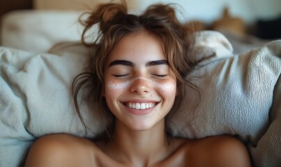 Fototapeta premium Smiling Young Person Relaxing In Bed, Soft Lighting, Closeup Portrait