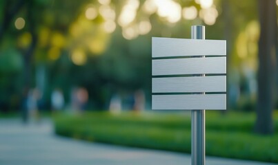 A contemporary blank signpost stands ready in a lush park setting, offering ample space for customized messaging.