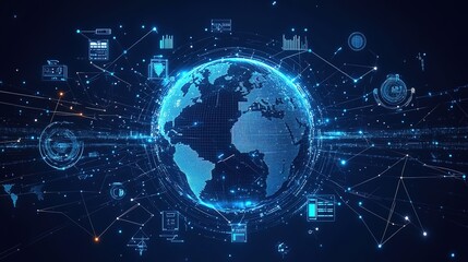 A blue Earth encircled by various tech icons and lines, representing the global integration of digital technology and information networks.