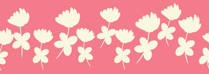 Decorative seamless vintage pattern in classic style with flowers and branches. Silhouettes of flowers, Two-color horizontal ornament in pastel colors, border