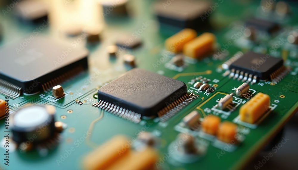 Poster close-up of electric green circuit board with embedded microcircuits. digital tech and hardware deta
