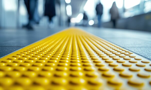 Bright yellow tactile paving guides passengers on a subway platform, ensuring safety and accessibility.