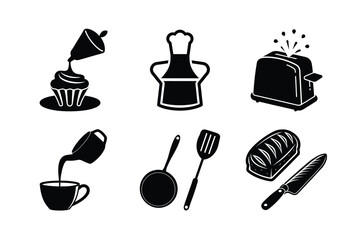 Food and Kitchen Icon Set with Utensils, Drinks, and Cooking Tools