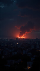 Naklejka premium A view of a city at night with a large fire consuming several buildings, emitting thick smoke and visible flames against the backdrop of a stormy sky.