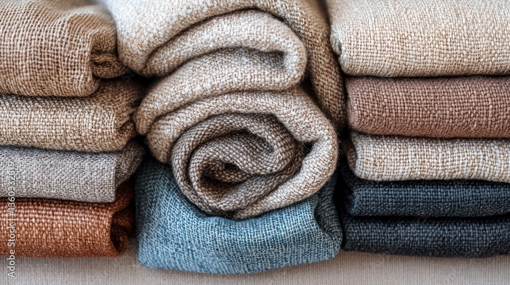 Poster The display features an array of beautifully arranged linen fabrics in gentle, earthy tones, showcasing their texture and softness. Each piece exudes a sense of tranquility and style