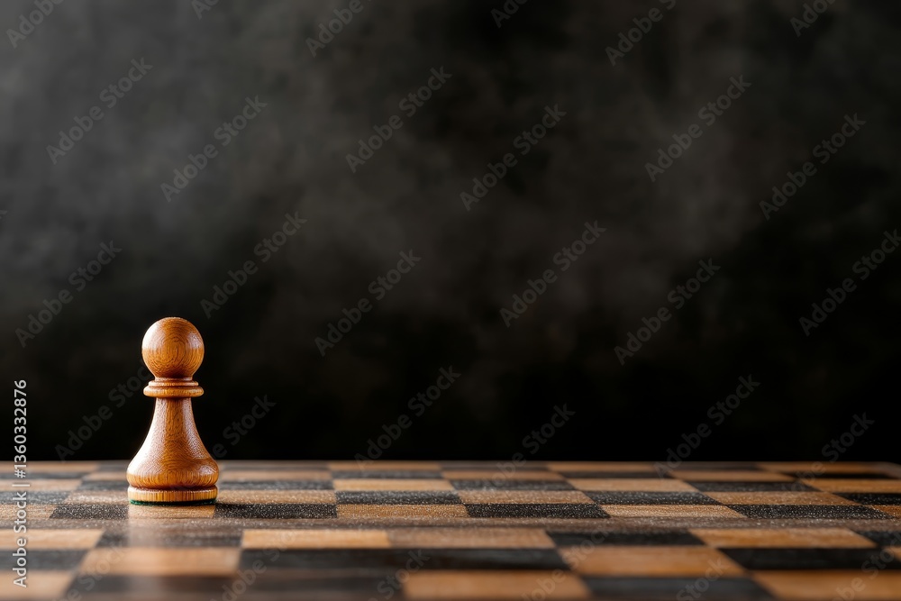 Poster chess pawn stands prominently on a dark wooden chessboard, softly illuminated to emphasize its strat