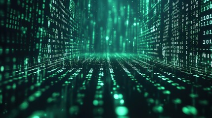 A passage composed of green binary codes, representing the digital information flow and the language of computers.