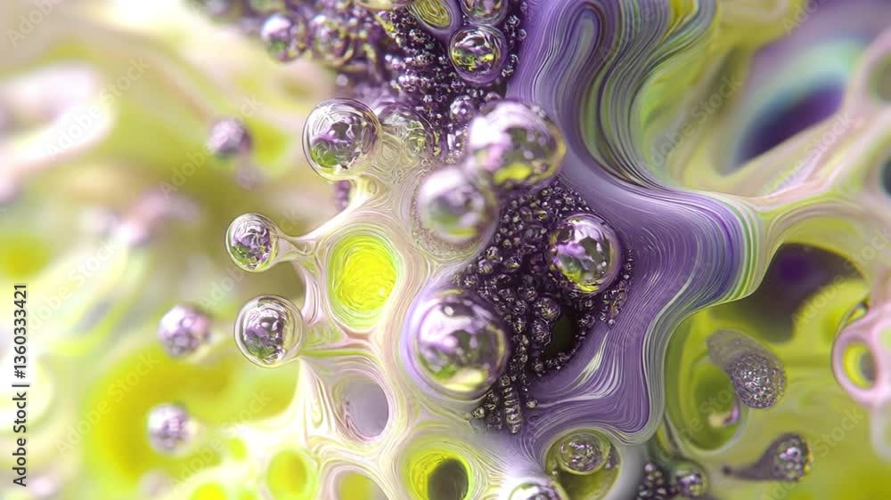 Fototapete A mesmerizing animation of shimmering streams of liquids mixing in a fantastic dance of yellow and purple colors. Shiny bubbles float inside these fluid forms