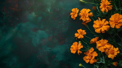 Dark blue abstract background with orange flowers floating on water, creating a unique and artistic composition for digital designs.