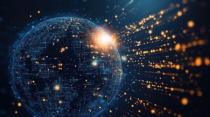 A blue Earth covered with binary codes on its surface, emitting rays of light, indicating the digital transformation of the global sphere.