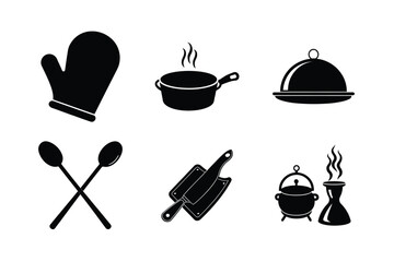 Kitchen Icons Set with Utensils and Tools for Cooking and Food Preparation