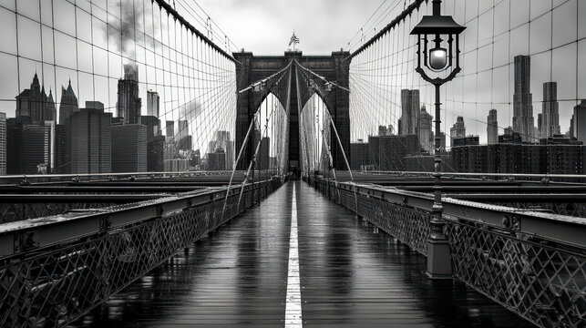 Fototapeta A stunning view of the Manhattan Bridge from the East River, with the iconic New York City skyline stretching across the horizon.