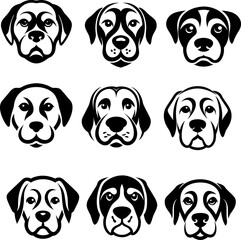 A diverse set of dog head illustrations showcasing Labradors, German Shepherds, Pugs, and more.
