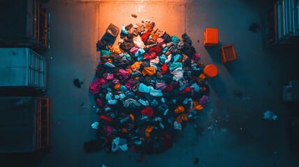 A large, disordered heap of used clothing covers the floor of a neglected warehouse, surrounded by crates in a dimly lit atmosphere, evoking a sense of abandonment