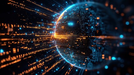 A blue Earth surrounded by rays of light and binary codes, symbolizing the global connection and digital information dissemination in the modern era.