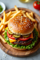 Top-Down View of a Delicious Gourmet Burger with Fresh Ingredients and Crispy Fries, Ultra-Detailed, 4K
