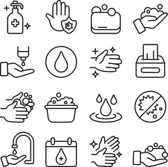 Hand Wash icon set. Includes of hygiene, sanitizer, soap, cleansing, and More. Outline icons vector collection