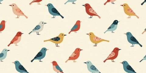 A Delightful Repeating Pattern Featuring a Collection of Vibrant Birds with Ornate Details on a Soft Cream Background