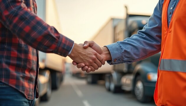Truck driver and fleet manager shake hands in business partnership. Handshake symbolizes agreement collaboration in the transportation industry. Partnership agreement with trucks in the background.