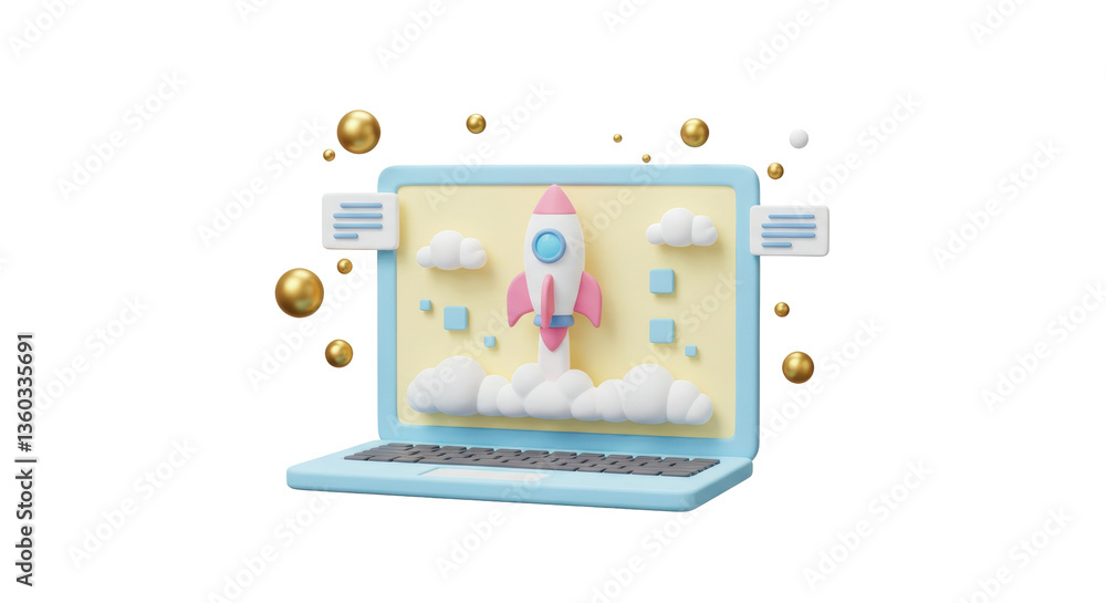 Poster isolated 3d render of a laptop with a rocket launching, representing project startup