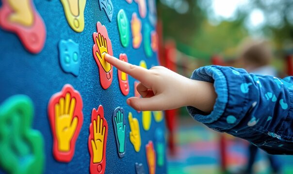 A child's hand explores colorful hand shapes on a playground wall, fostering interactive learning and fun.
