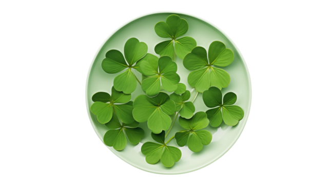 A top down view of several green shamrock leaves arranged on a light green round plateisolated on transparent background