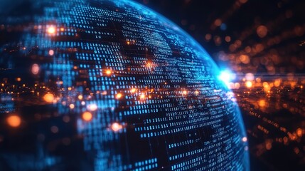 A blue Earth covered with binary codes and featuring light and shadow effects, representing the digitalization of the global world.