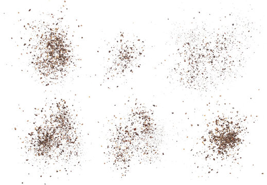 Set black ground pepper scattered, spice flying isolated on white, clipping path	