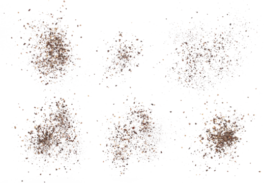 Set black ground pepper scattered, spice flying isolated on white, clipping path	