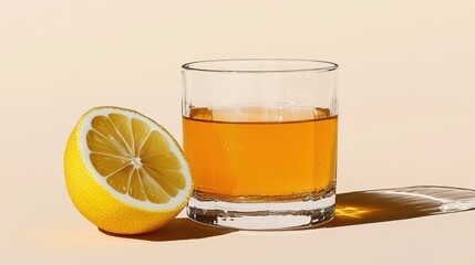 Freshly Squeezed Lemonade Glass with Half Lemon on Creamy Background Refreshing Drink Concept
