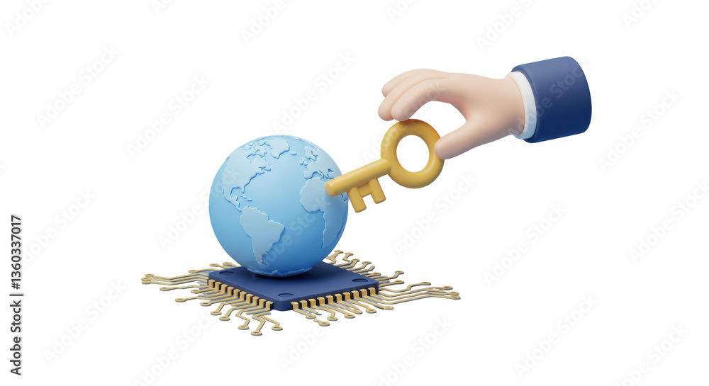 Poster isolated hand with key unlocking world on chip