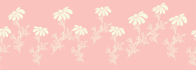 Decorative seamless vintage pattern in classic style with flowers and branches. Silhouettes of flowers, Two-color horizontal ornament in pastel colors, border