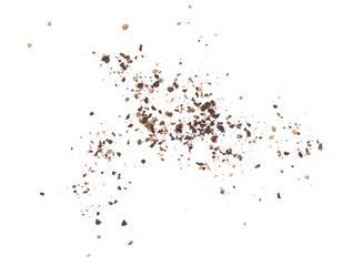 Black ground pepper scattered, spice flying isolated on white, clipping path 
