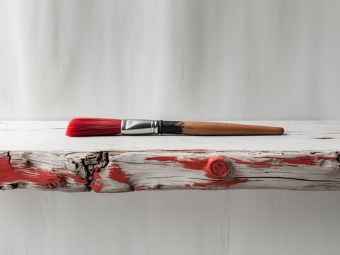Artisan brush resting on a weathered red and black wooden surface showing strokes and texture - Powered by Adobe