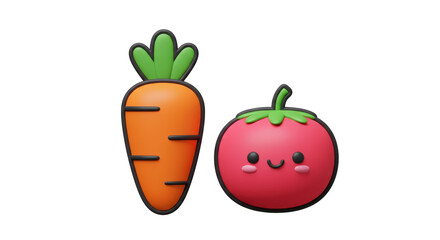 Isolated Cute Cartoon Carrot and Tomato with Smiling Faces