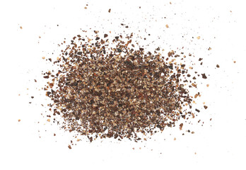 Black ground pepper scattered, spice flying isolated on white, clipping path	