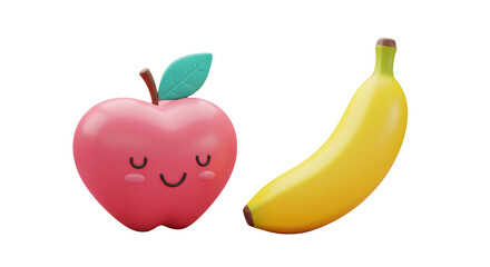 Isolated Cartoon Apple and Banana with Smiling Faces
