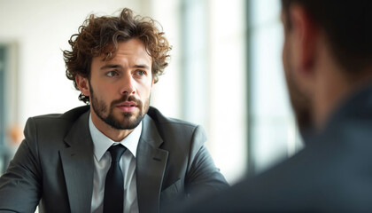 Fototapeta premium Focused man in suit listens during conversation. Pro, serious expression, sharp eye contact. Office, corporate setting. Blurred background emphasizes concentration. Business interaction,