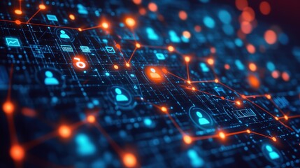 A complex network composed of blue and orange icons and lines, signifying the intricate digital relationships and information exchange.