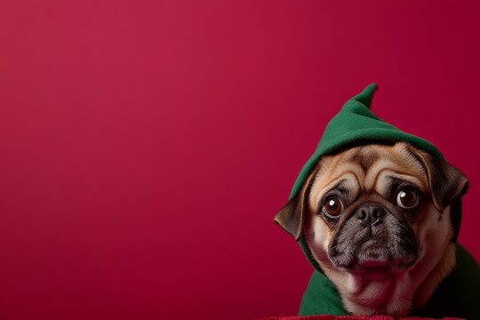 A grumpy pug in a green elf costume stares directly at the camera, sitting on a plush red cushion, creating a humorous and whimsical atmosphere